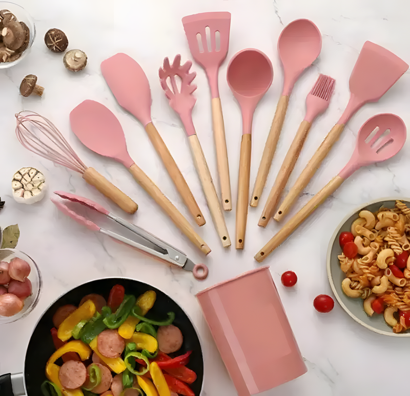 Kit 12 Utensílios de Cozinha em Silicone Antiaderente com Suporte – Livre de BPA