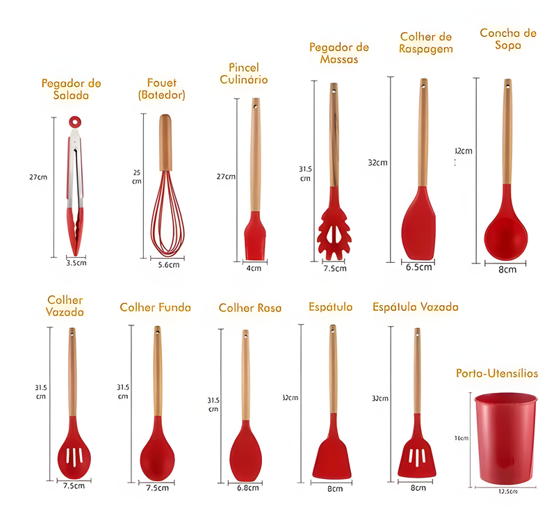 Kit 12 Utensílios de Cozinha em Silicone Antiaderente com Suporte – Livre de BPA